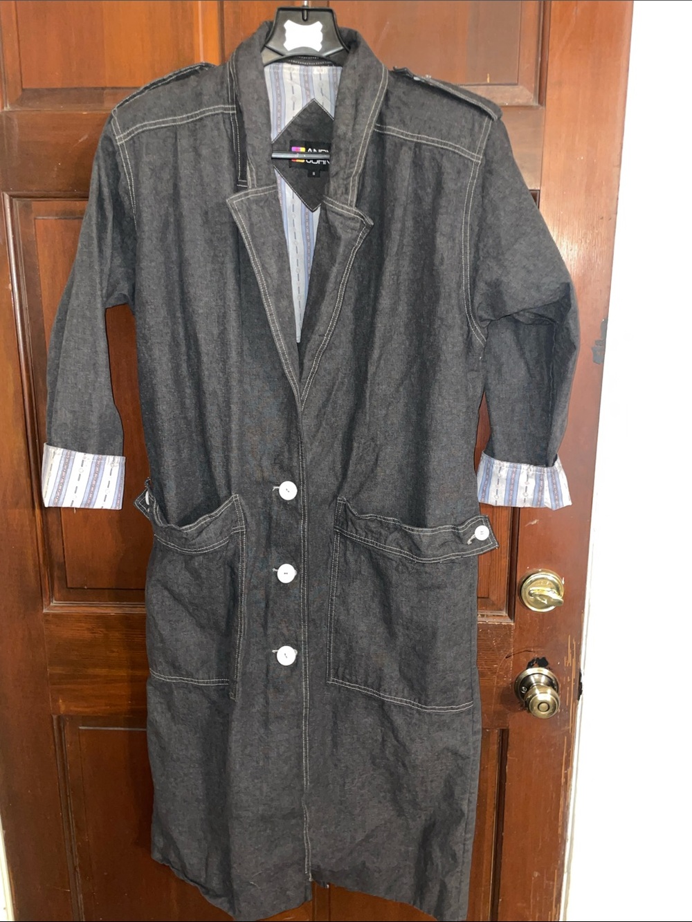 Dark Gray Long Trench Coat with White Buttons by ANNE KLEIN